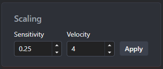 Curve tab Scaling with sensitivity 0.25 and velocity 4