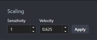 Curve tab Scaling with sensitivity 1 and velocity 0.625